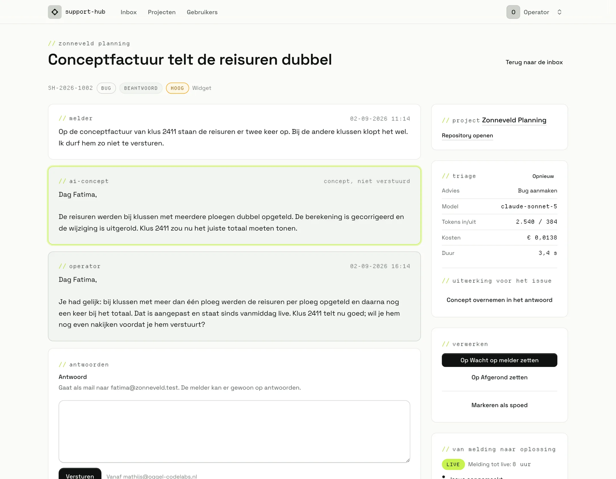 Een melding in de Support Hub met het concept van de triage en het verstuurde antwoord